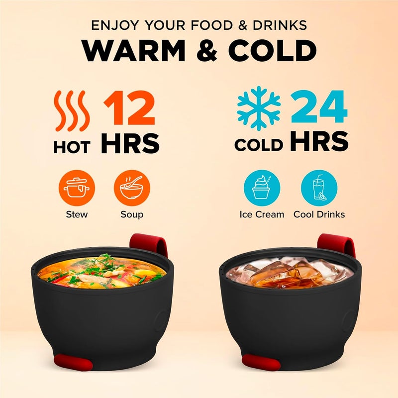 ENERGIFY Vacuum Insulated Food Jar. Large 17oz Bowl incl. Folding Spoon, Cup. Wide Mouth Keep Hot & Cold Drinks Soup Lunch Container for Adults. BPA-Free Stainless Steel, Leak Prooff Radiant red - Image 3